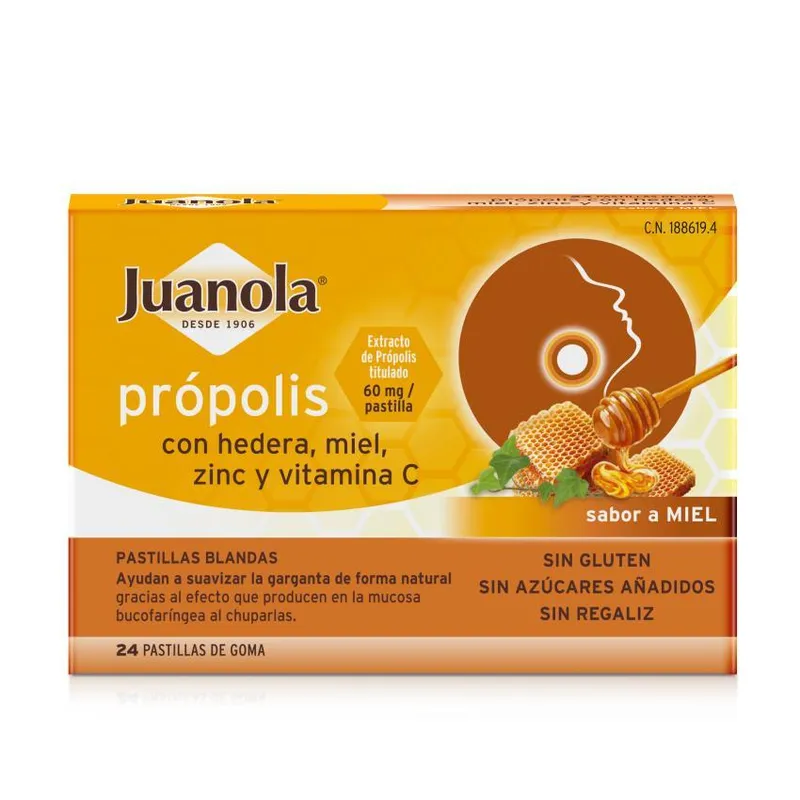 Juanola Propolis Miel Hiedra Zinc y Vitamina C 24 pastillas de Goma Sabor Miel
