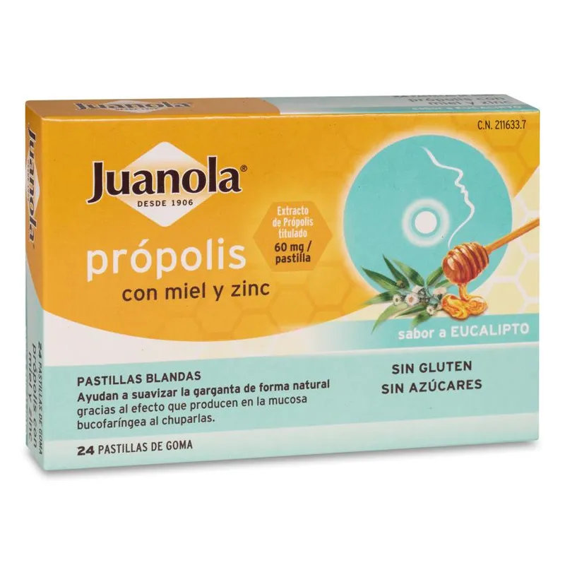 Juanola Propolis Miel y Zinc 24 pastillas de Goma Sabor Eucalipto